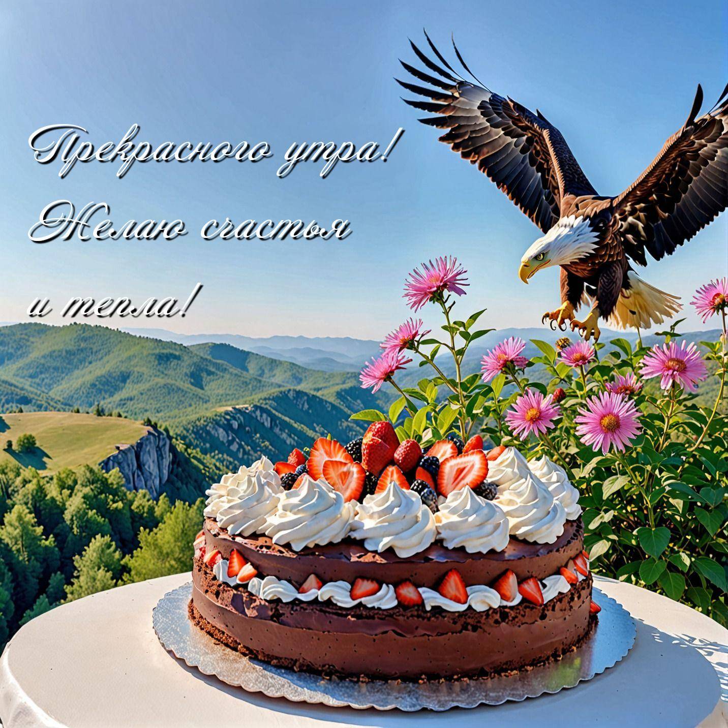 Аппетитный шоколадный торт, украшенный ягодами, сливками и клубникой.