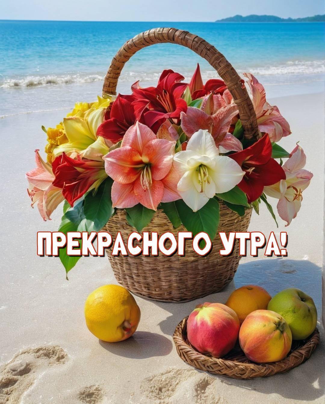 Корзина с цветами на песчаном пляже, амариллисы, фрукты