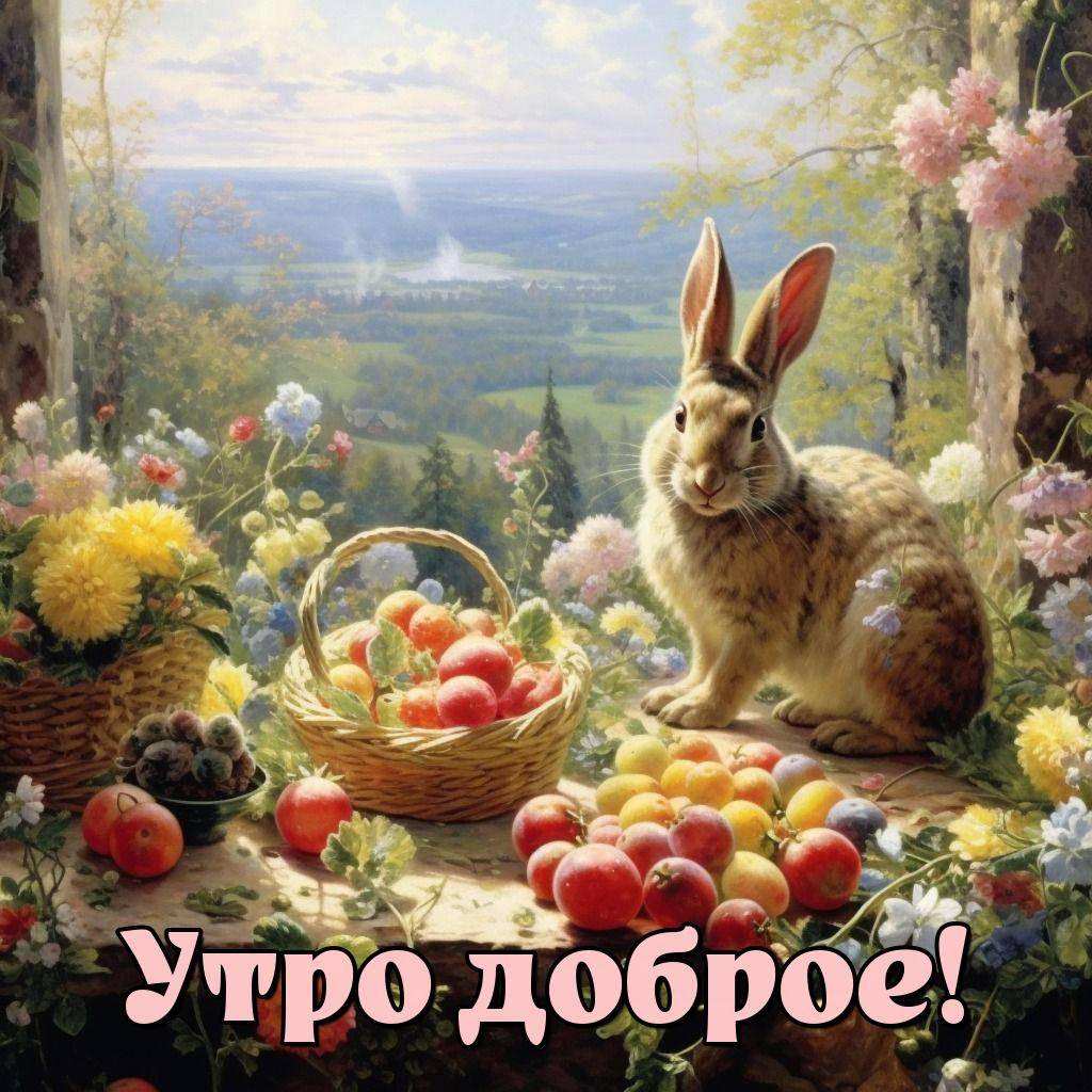 Кролик среди цветов, фрукты на камне