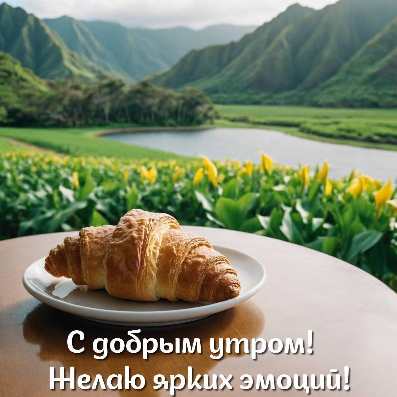 Круассан на тарелке на столе, сзади пейзаж