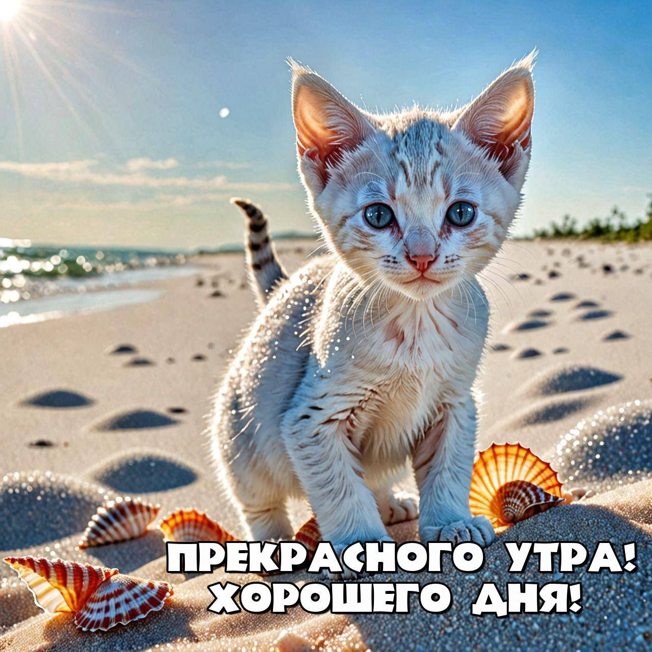 Маленький котенок с голубыми глазами на песчаном пляже