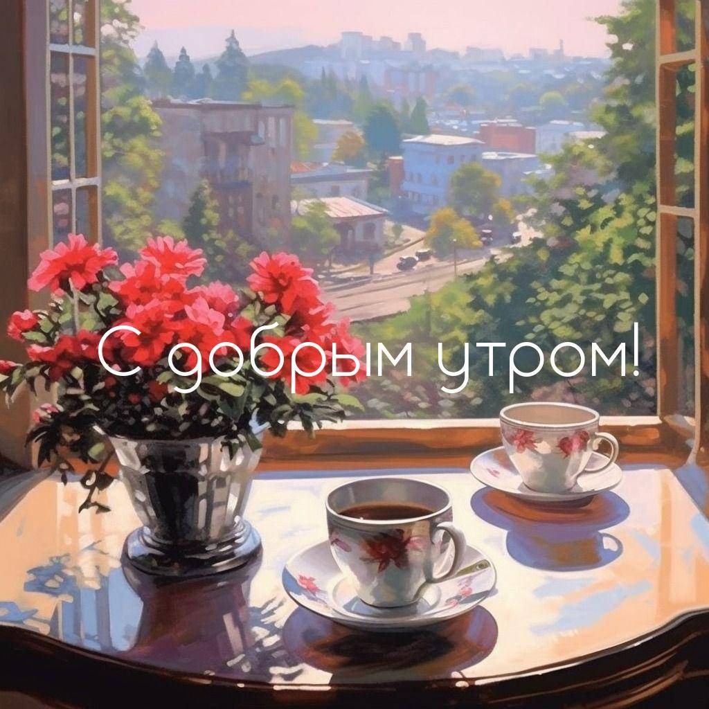 Открытое окно с городским пейзажем и чашками на столе