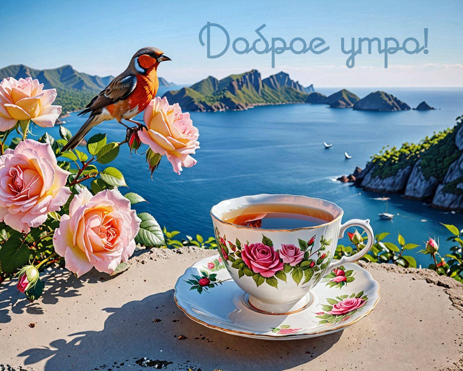 Пейзаж с чашкой чая и птицей на ветке