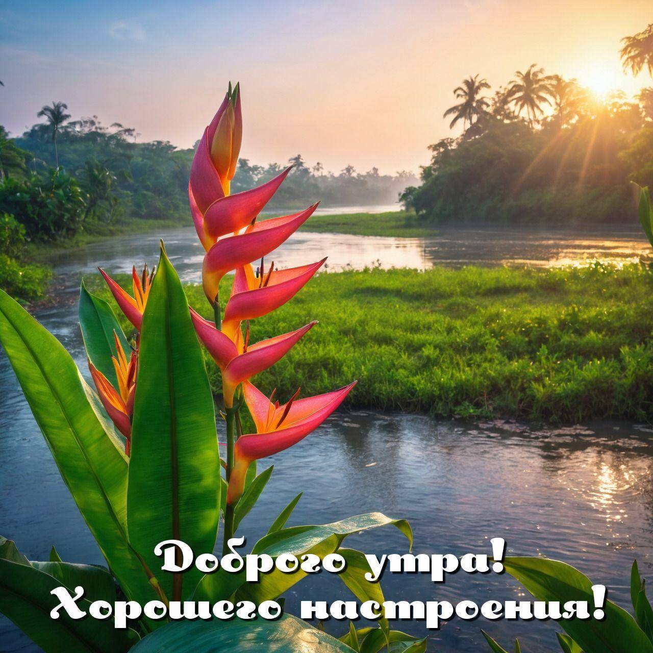 Пейзаж с экзотическим цветком и рекой на фоне