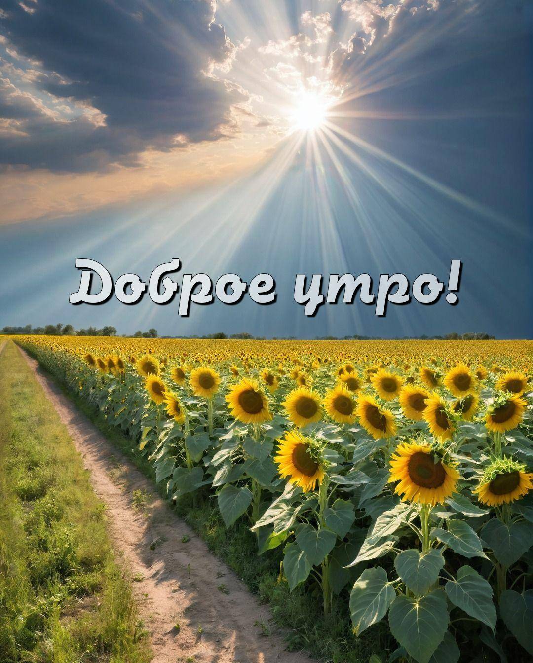 Поле с подсолнухами по обеим сторонам дорожки