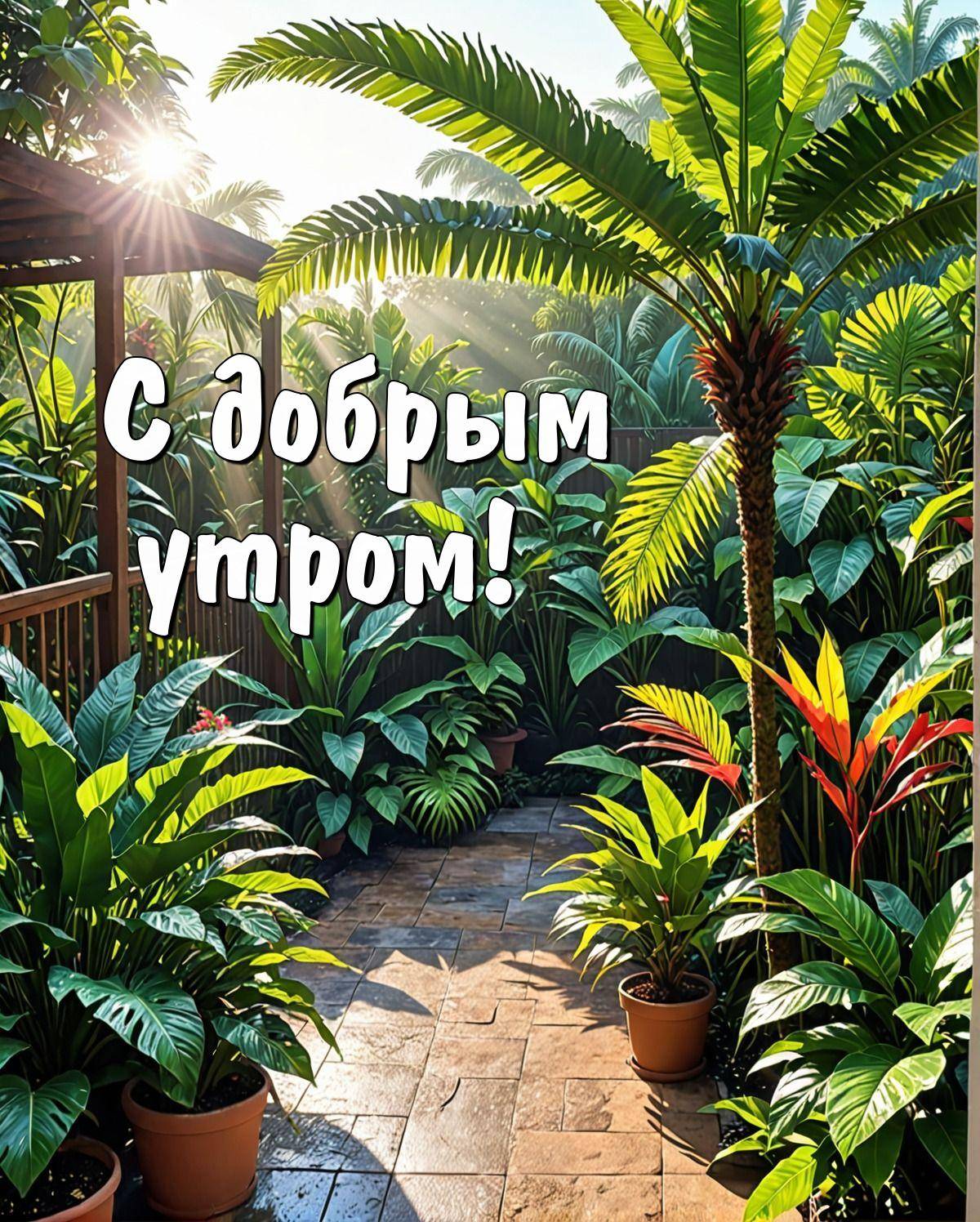 Сад с зелеными растениями и пальмами, лучи солнца