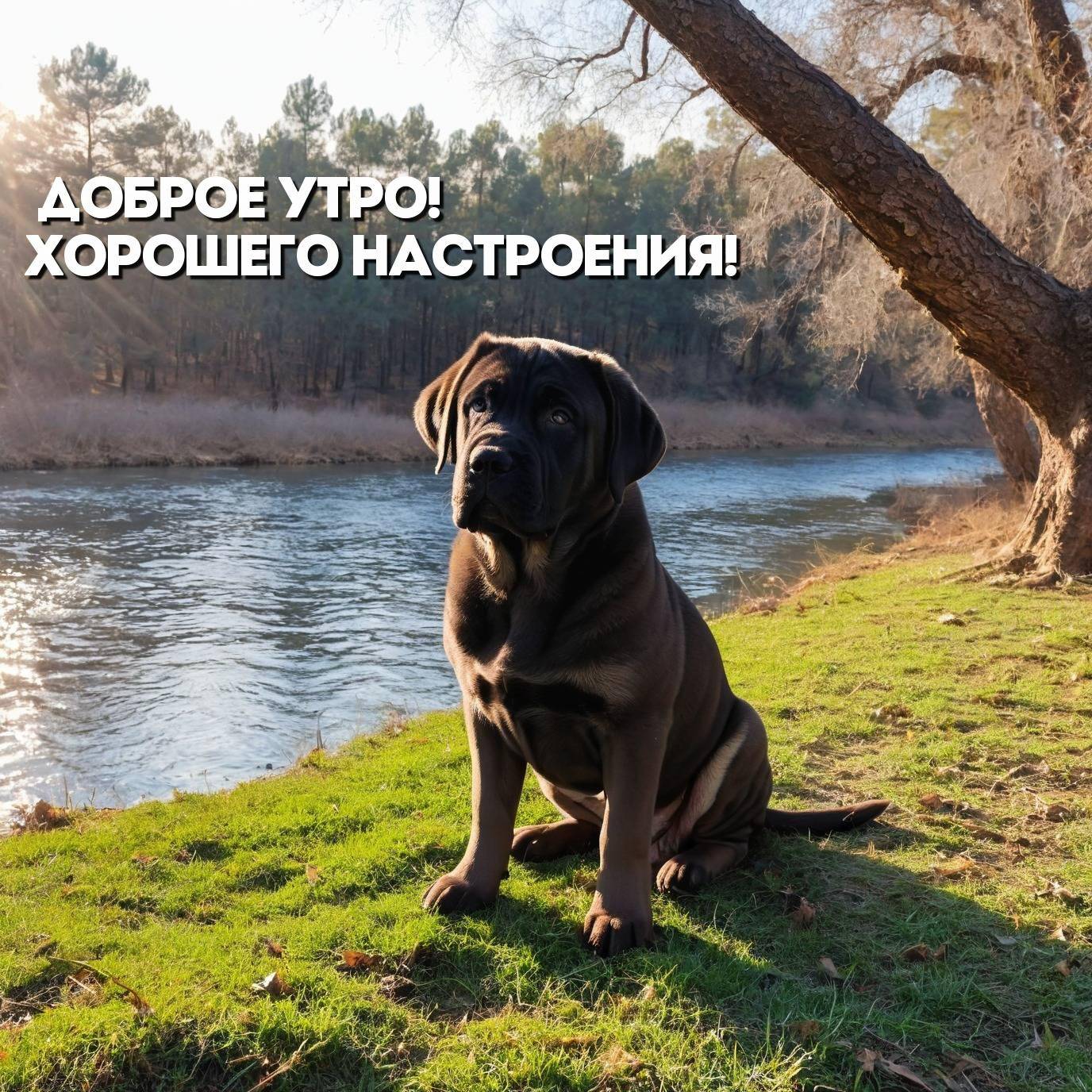 Собака на травянистом берегу реки, лес на заднем плане