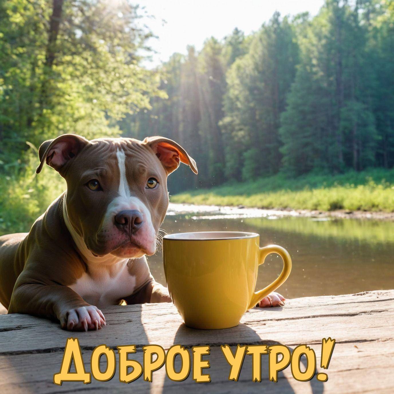 Собака у деревянной поверхности, желтая кружка, природа