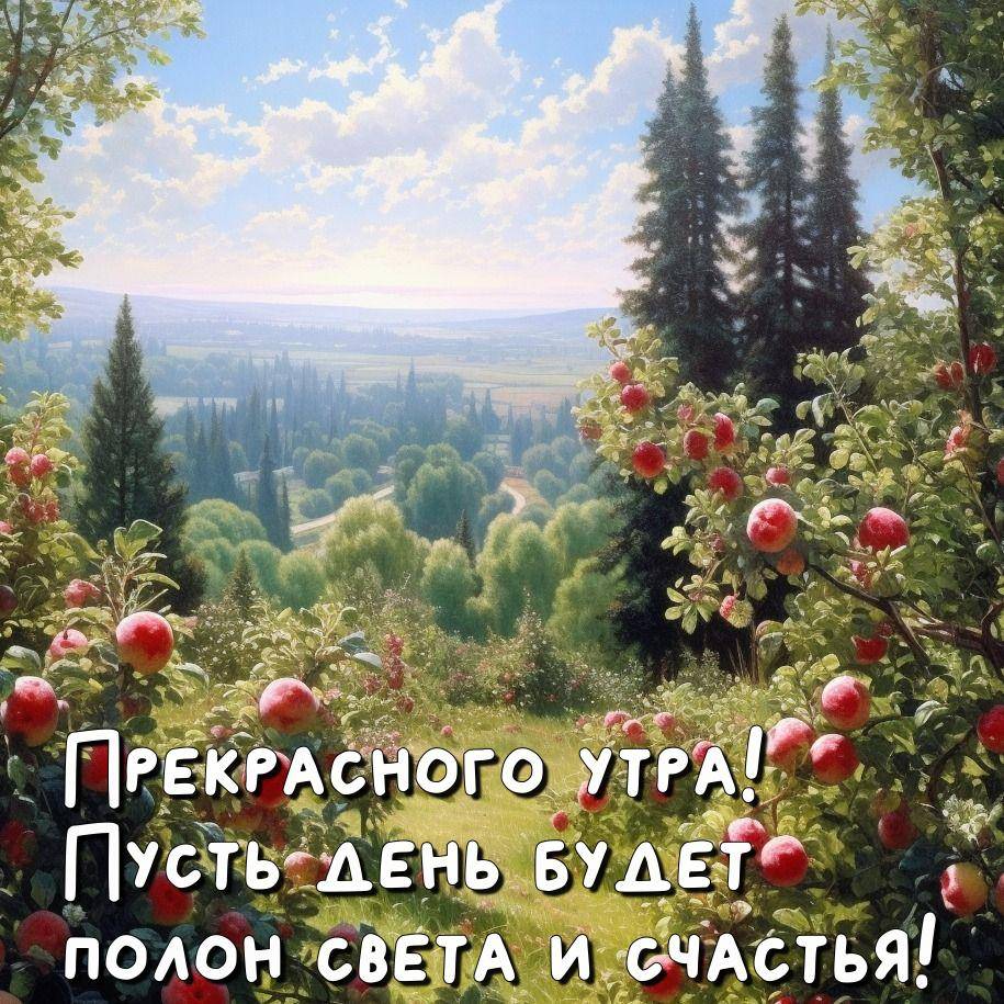 Живописный пейзаж с яблоневой рощей и красными яблоками